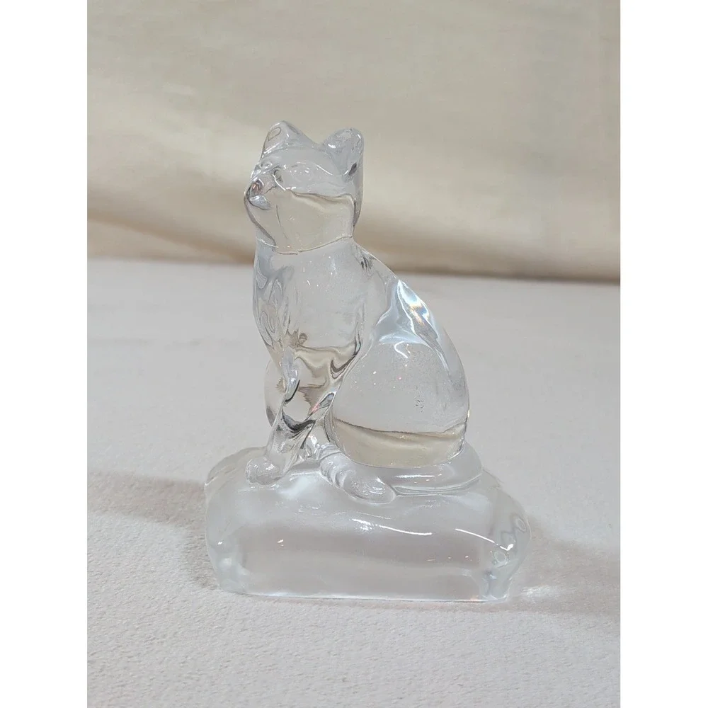 Vintage Clear Art Glass‎ Cat Figurine on Frosted Base Crystal Style Paperweight